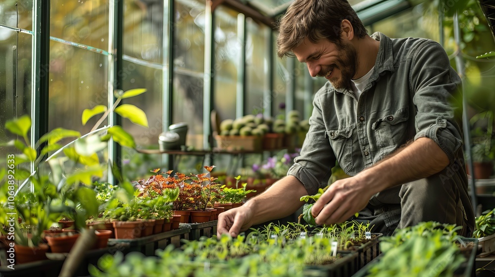 Fototapeta premium Smiling man tending to seedlings in a greenhouse.