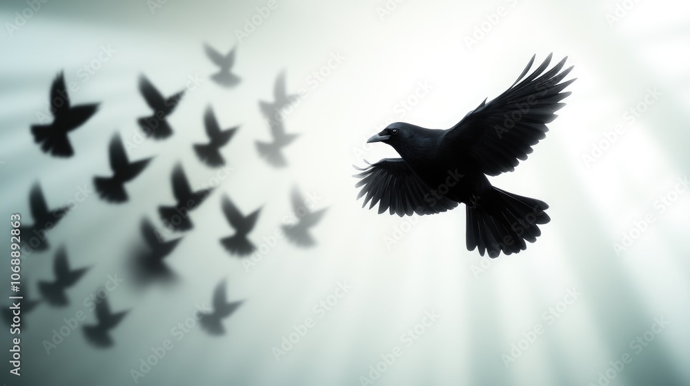 Fototapeta premium Eerie flock of crows flying over a foggy cemetery landscape