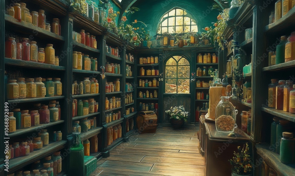 Antique apothecary shelves filled with potions. Antique apothecary shelves filled with potions.