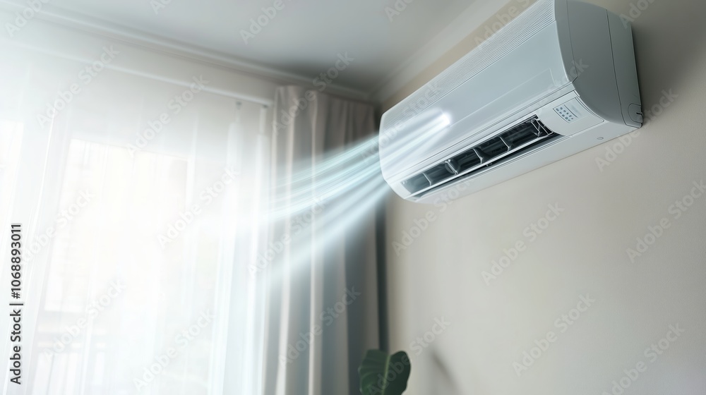 Air conditioning unit cooling a modern room with sunlight filtering through sheer curtains during the summer afternoon Air conditioning unit cooling a modern room with sunlight filtering through sheer curtains during the summer afternoon