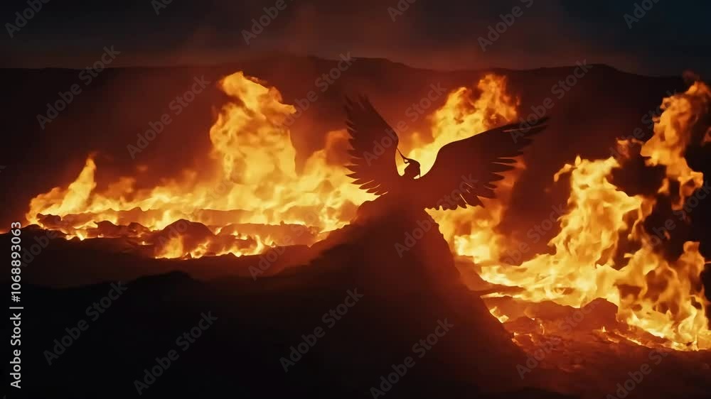 Silhouette of a legendary firebird soaring above a volcanic eruption, symbolizing rebirth and strength amidst flames, ash, and smoke in a captivating night scene Silhouette of a legendary firebird soaring above a volcanic eruption, symbolizing rebirth and strength amidst flames, ash, and smoke in a captivating night scene