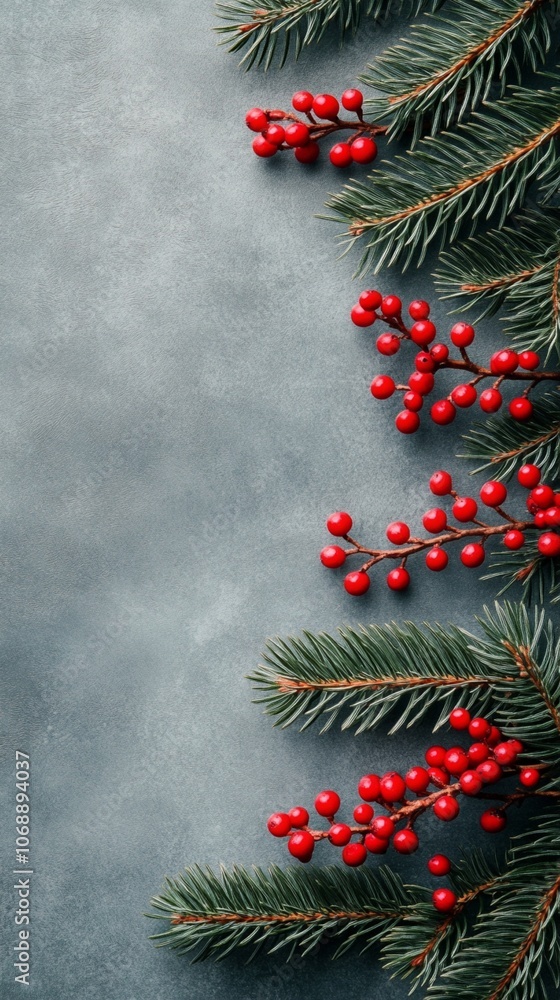 Festive holiday composition with vibrant red berries and lush green pine branches on a textured gray background, perfect for seasonal designs. Festive holiday composition with vibrant red berries and lush green pine branches on a textured gray background, perfect for seasonal designs.