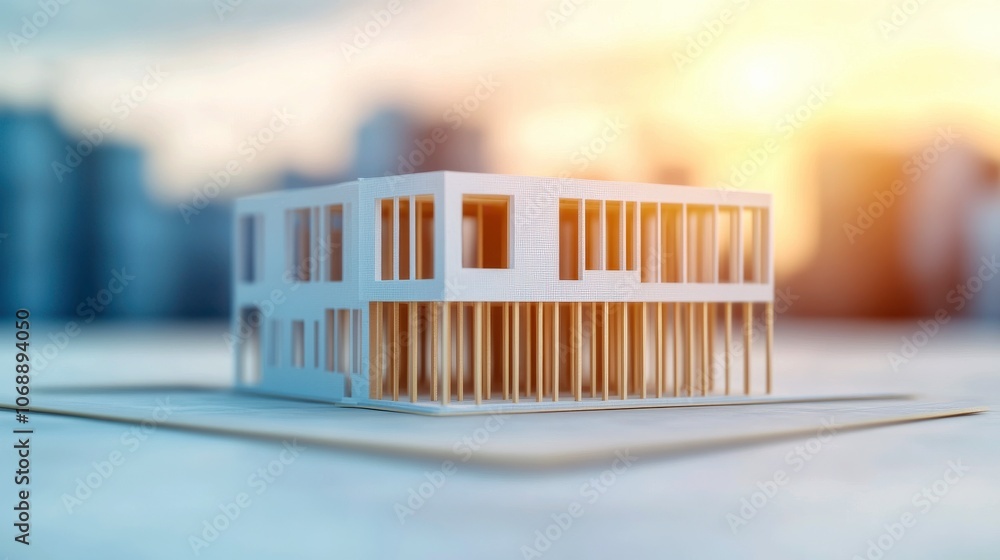 A modern architectural model of a building is showcased against a soft sunset background, emphasizing design and structure in a vibrant city setting. A modern architectural model of a building is showcased against a soft sunset background, emphasizing design and structure in a vibrant city setting.