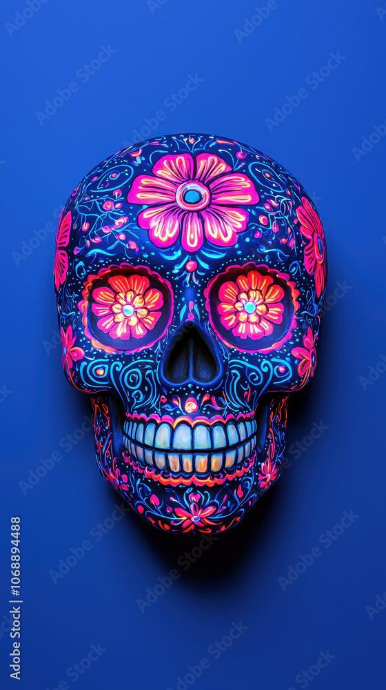 Luminous sugar skull with neon floral patterns glowing against blue background, showcasing vibrant colors and intricate designs that evoke festive spirit Luminous sugar skull with neon floral patterns glowing against blue background, showcasing vibrant colors and intricate designs that evoke festive spirit