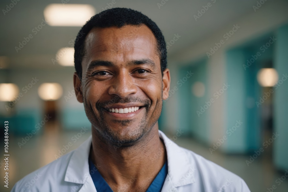 Close portrait of a smiling 40s Surinamese man doctor looking at the camera, Surinamese hospital blurred background Close portrait of a smiling 40s Surinamese man doctor looking at the camera, Surinamese hospital blurred background