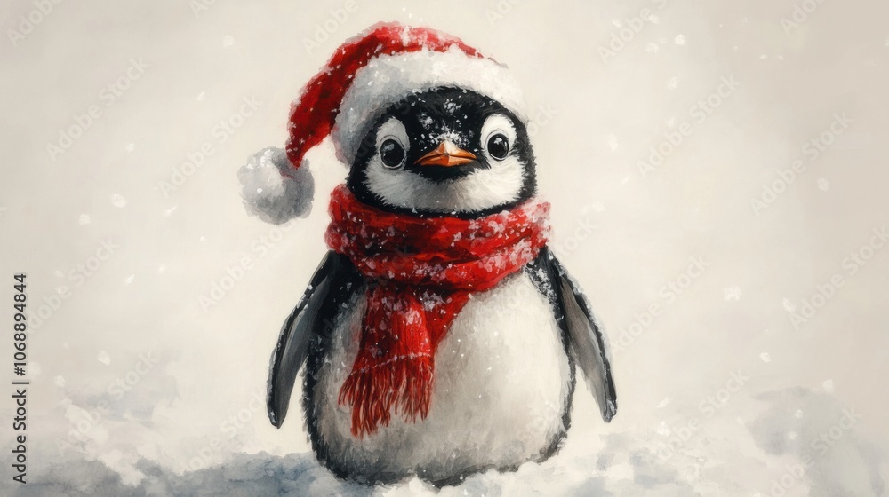 Cute watercolor penguin is wearing a santa hat and scarf for christmas Cute watercolor penguin is wearing a santa hat and scarf for christmas