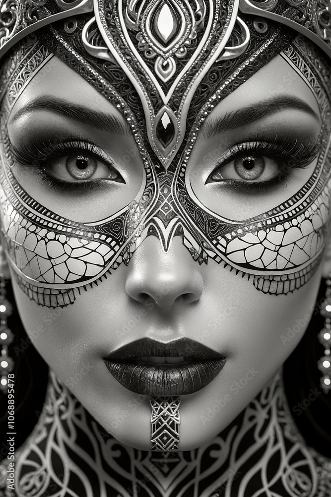 A black and white fantasy artwork of a close-up of a woman's face with various ornaments and tattoos - Generative AI A black and white fantasy artwork of a close-up of a woman's face with various ornaments and tattoos - Generative AI
