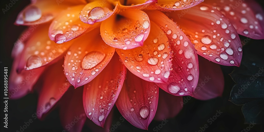 Close-up of a dahlia flower with pink and orange petals adorned with dew drops, showcasing naturea??s elegance. 4k high quality image Close-up of a dahlia flower with pink and orange petals adorned with dew drops, showcasing naturea??s elegance. 4k high quality image