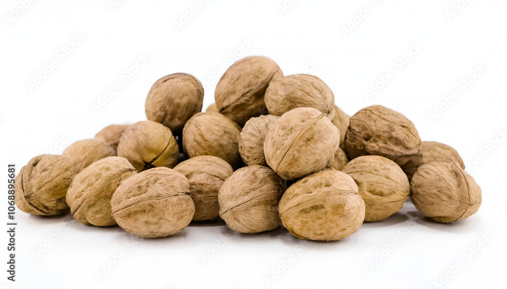 A neatly arranged pile of fresh walnuts rests on a reflective white surface. Perfect representation of natural food, nutrition, and healthy eating A neatly arranged pile of fresh walnuts rests on a reflective white surface. Perfect representation of natural food, nutrition, and healthy eating