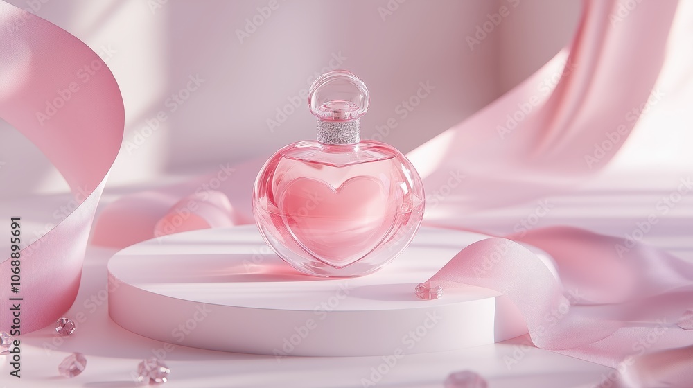 Elegant Pink Perfume Bottle with Heart Design on White Circular Platform Surrounded by Soft Pink Details and Delicate Lighting Elegant Pink Perfume Bottle with Heart Design on White Circular Platform Surrounded by Soft Pink Details and Delicate Lighting