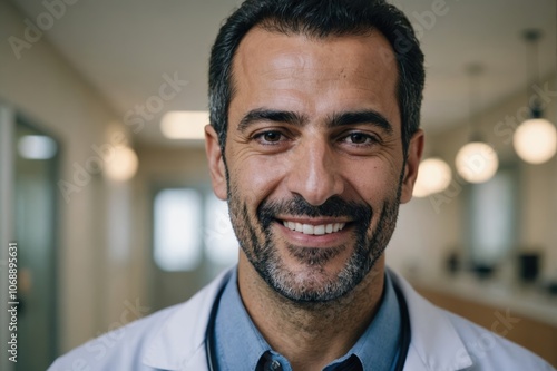 Close portrait of a smiling 40s Syrian man doctor looking at the camera, Syrian hospital blurred background