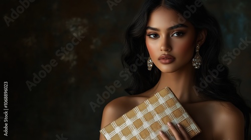 Elegant Young Woman Holding a Stylish Gold and White Women's Bag 