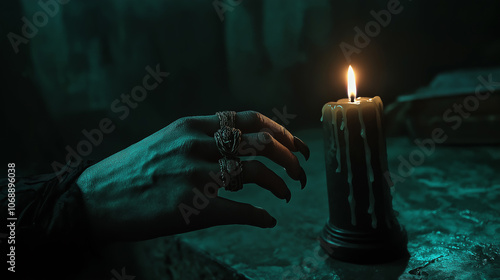 Vampire’s hand with elegant rings reaching toward a candle flame in a dim room photo