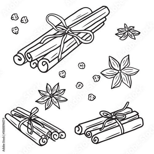 A set of cinnamon sticks, anise stars, pepper tied with a thread in black isolated on white. Hand drawn vector sketch illustration in doodle engraved vintage line art. Mulled wine ingredient, spices.