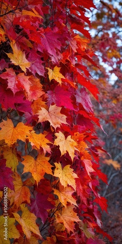 Bright Red and Yellow Autumn Leaves on Tree Branch Phone Wallpaper 