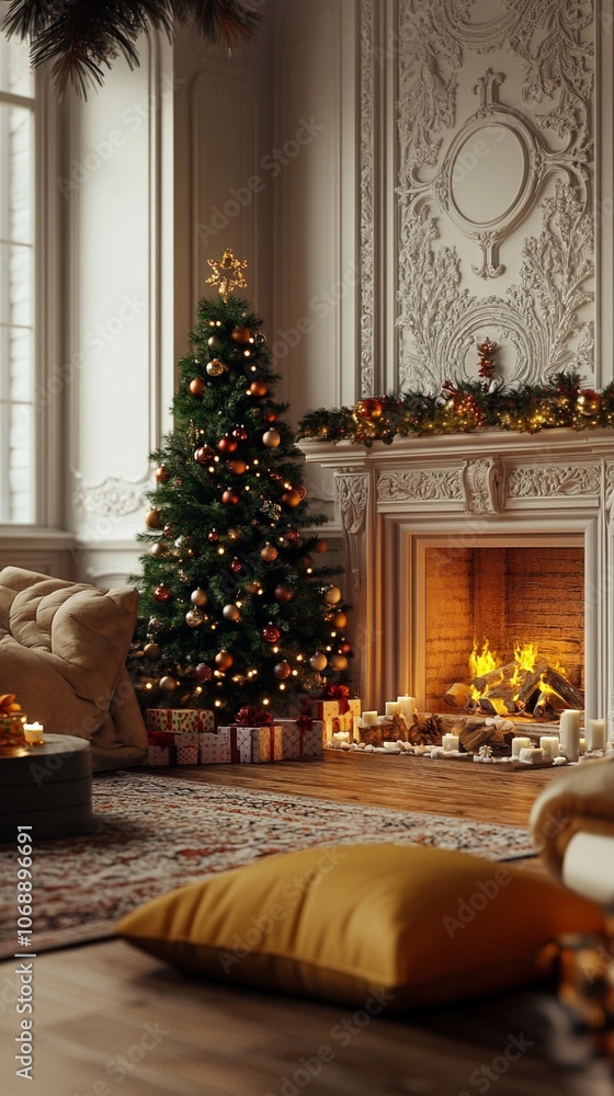 Cozy Christmas living room with ornate fireplace, decorated tree, and warm candlelight creating a festive atmosphere of comfort and elegance. Cozy Christmas living room with ornate fireplace, decorated tree, and warm candlelight creating a festive atmosphere of comfort and elegance.