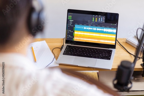 A musician is captured recording music in a home studio setup, with a microphone and a laptop displaying sound editing software