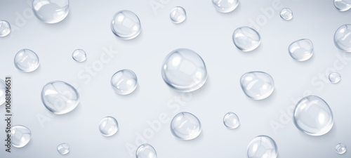 Realistic serum drops. Liquid drops, serum, gel or collagen texture. Skincare transparent bubbles. Skin care cosmetic hydration spots. Beauty product. Realistic vector