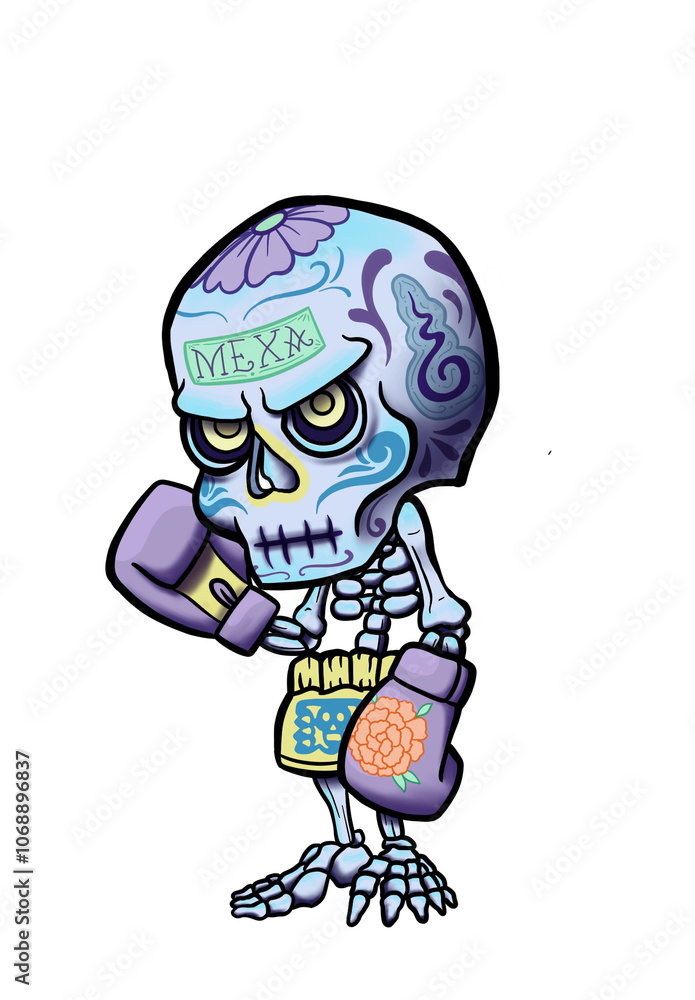 Ilustración vectorial de calavera de azúcar con guantes de boxeo tailandés y short, temática de Día de Muertos Ilustración vectorial de calavera de azúcar con guantes de boxeo tailandés y short, temática de Día de Muertos