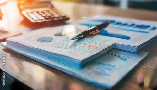 Financial documents and a calculator on a desk, symbolizing accounting, finance, and budgeting.