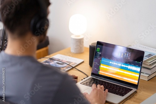 A man wearing headphones works on audio editing software on his laptop, focusing on the sound waveforms displayed on the screen as he adjusts settings in a calm workspace lit by a small desk lamp photo