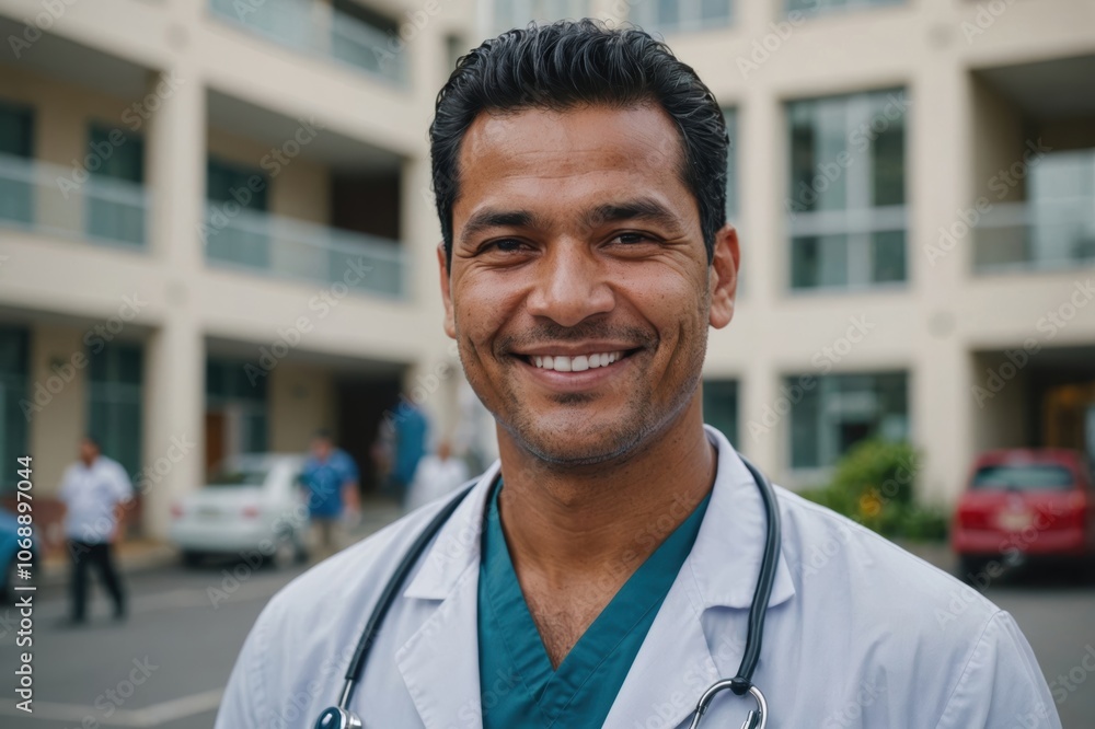 Close portrait of a smiling 40s Tongan man doctor looking at the camera, Tongan hospital blurred background Close portrait of a smiling 40s Tongan man doctor looking at the camera, Tongan hospital blurred background