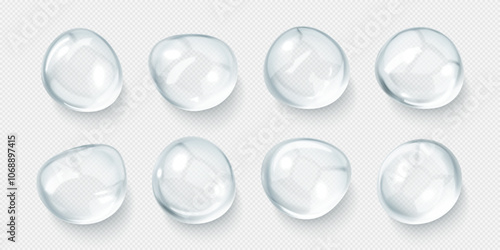Cosmetic oil droplets. Clear liquid drops. Hyaluronic acid. Collagen gel skincare product. Vector illustration