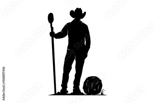 Man with shovel harvesting agave, traditional countryside, silhouette vector illustration