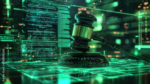 Digital gavel hitting virtual bankruptcy, symbolizing legal technology and finance. image features gavel against backdrop of glowing data, representing modern legal practices