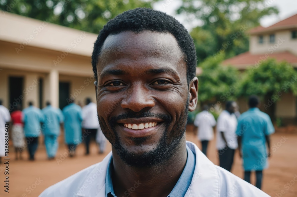 Close portrait of a smiling 40s Ugandan man doctor looking at the camera, Ugandan hospital blurred background Close portrait of a smiling 40s Ugandan man doctor looking at the camera, Ugandan hospital blurred background