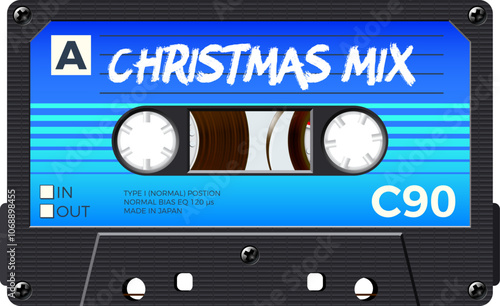 Christmas mix cassette for retro themed holiday party invitation or mix cover. Winter greetings tape with 80s style and Christmas colors