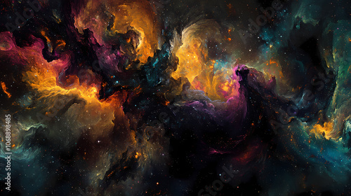 Abstract cosmic background with colorful nebulae, stars, and galaxies in a vast universe, perfect for space and science-themed projects. Cosmic. Illustration photo