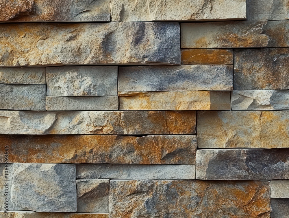 A textured wall made of stacked natural stone in earthy tones. A textured wall made of stacked natural stone in earthy tones.