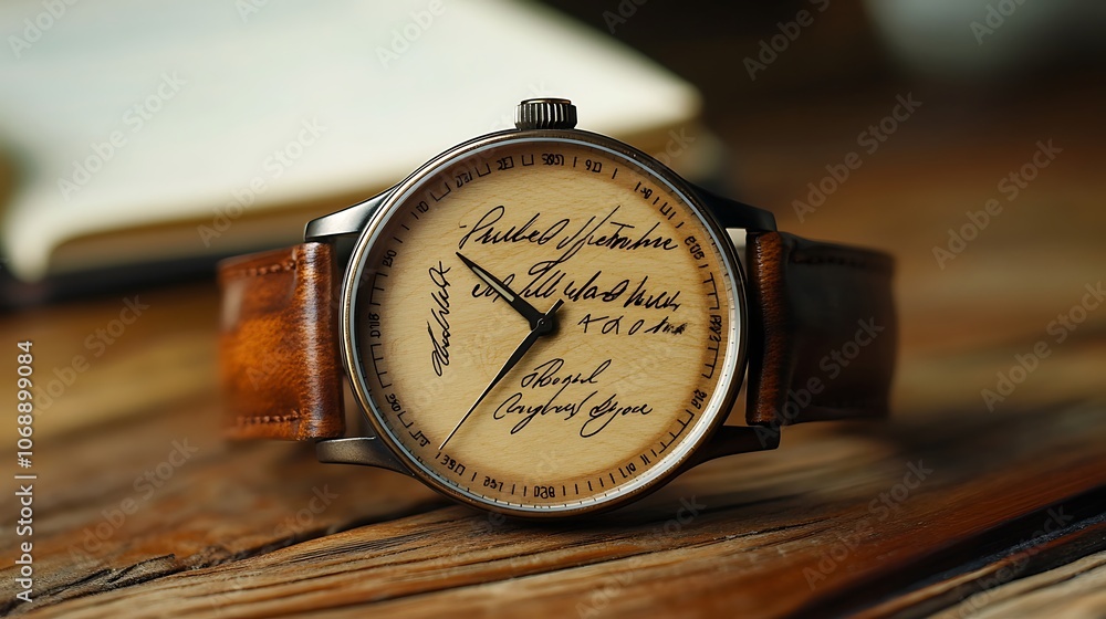 A close-up of a wooden wristwatch with a leather strap, featuring a unique engraved design and a handwritten inscription. A close-up of a wooden wristwatch with a leather strap, featuring a unique engraved design and a handwritten inscription.