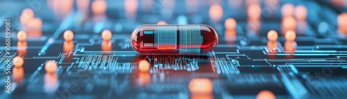 A digital capsule rests on a circuit board, symbolizing the intersection of technology and healthcare in a futuristic setting.