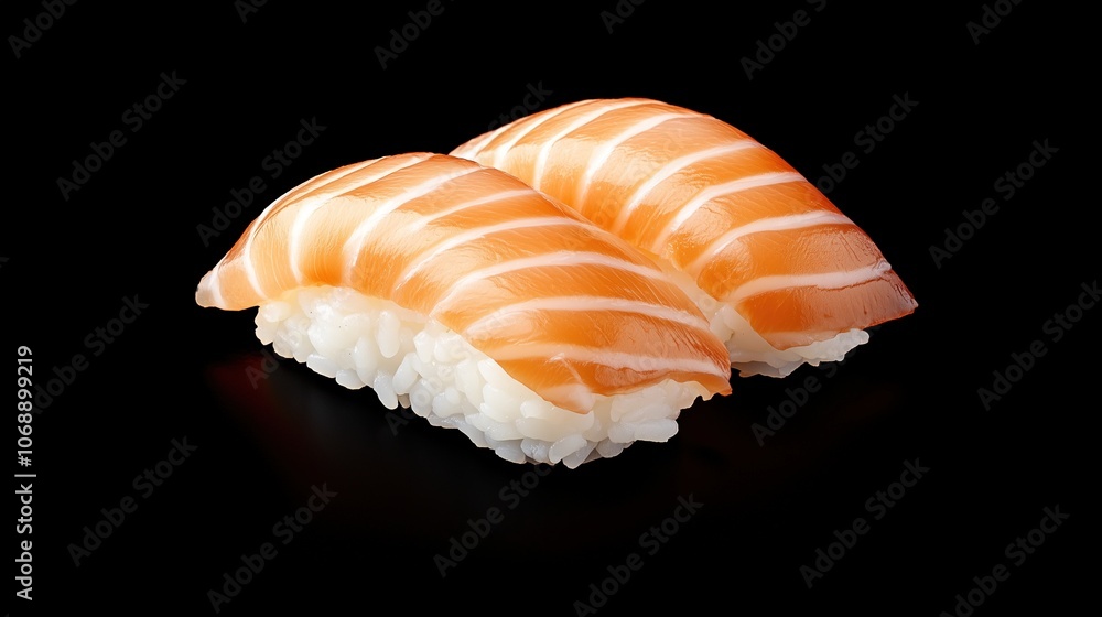 Delicious salmon nigiri isolated on black background. Delicious salmon nigiri isolated on black background.