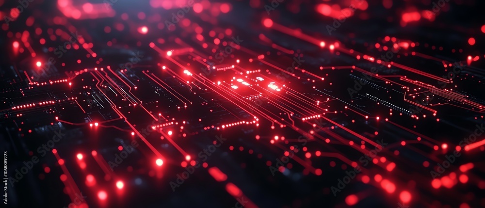 Red circuit board pattern illuminated by red light effect lines on a black background, showcasing an electronic technology theme with sleek and modern design elements Red circuit board pattern illuminated by red light effect lines on a black background, showcasing an electronic technology theme with sleek and modern design elements