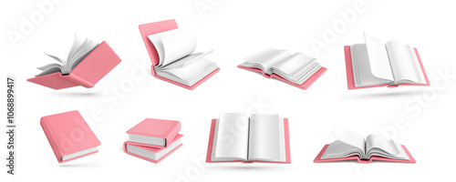 Set of 3d realistic books isolated on white background. 3D book icons. Vector illustration