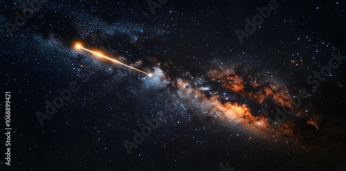 A stunning cosmic scene featuring a bright comet streaking through a star-filled galaxy.