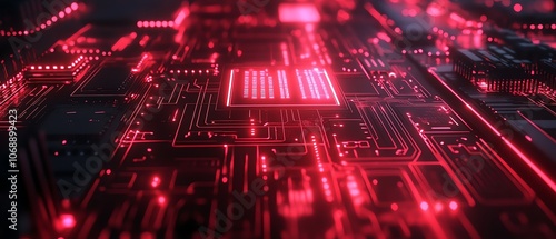 Red circuit board pattern on a black background, with glowing red light effect circuit lines, symbolizing an advanced electronic technology theme and techinspired design elements photo