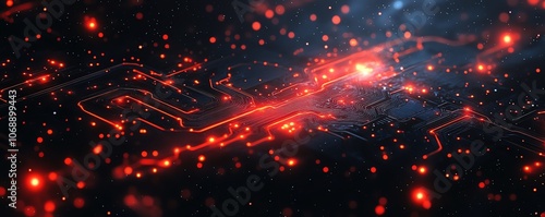 Red circuit board pattern on a black background, with glowing red light effect circuit lines, symbolizing an advanced electronic technology theme and techinspired design elements photo