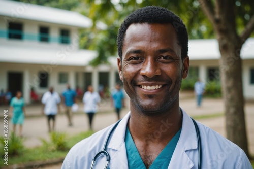 Close portrait of a smiling 40s Vanuatuan man doctor looking at the camera, Vanuatuan hospital blurred background