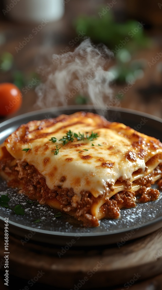 A steaming plate of lasagna topped with cheese and herbs, showcasing a delicious meal. A steaming plate of lasagna topped with cheese and herbs, showcasing a delicious meal.