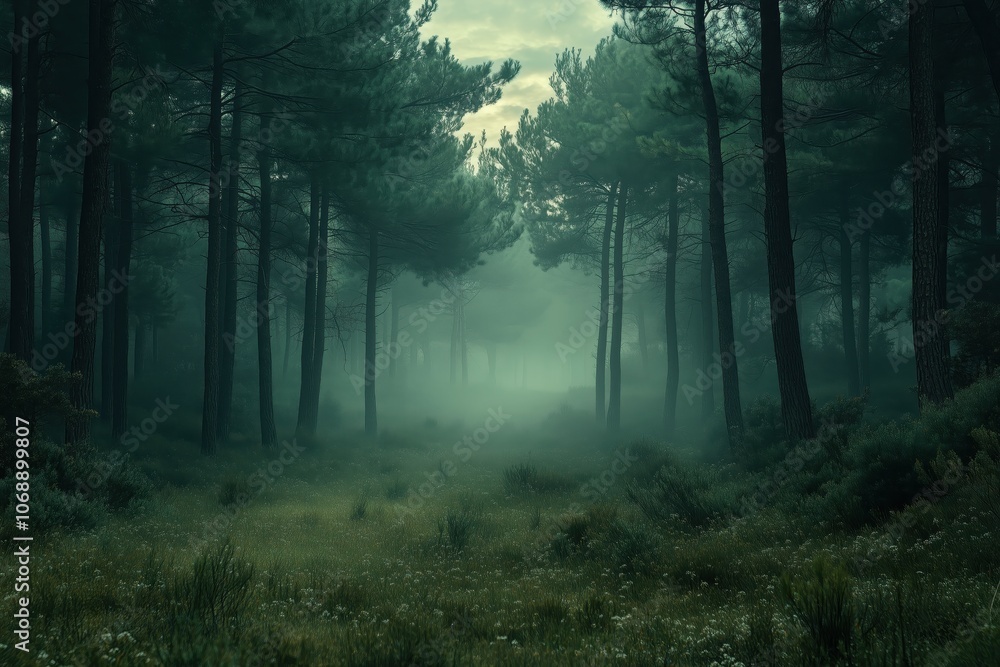 Obraz premium Misty Dense Pine Forest in Soft Morning Light