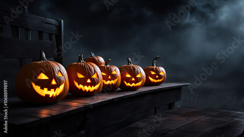 a group of glowing lanterns with sinister carved faces set against a dark misty background photo