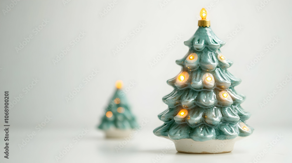 Mini ceramic holiday tree with hand-painted details and glowing lights, isolated on a white background. 4k high quality image Mini ceramic holiday tree with hand-painted details and glowing lights, isolated on a white background. 4k high quality image