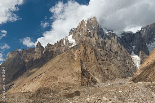 View from Baltoro Glacier to Trango Towers. Karakoram Mountains. Gilgit-Baltistan region. Pakistan. Asia.