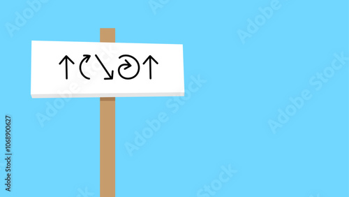 Wooden signpost with various confusing arrow symbols against a plain blue background. Gobbledygook arrow message on a road sign. Difficult to follow indications.