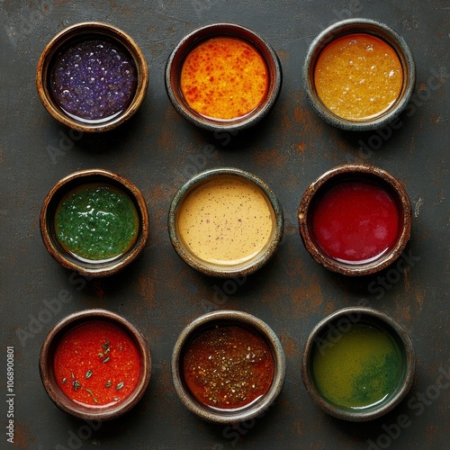 A collection of colorful dipping sauces in bowls, seen from above, against a dark backdrop. photo