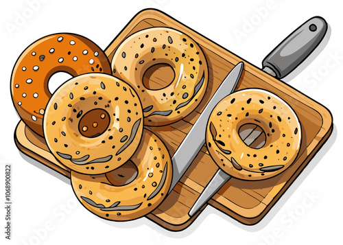 bagels on a cutting board, bagels food vector art